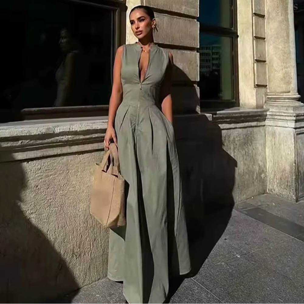 Spring Summer Modern Elegant Sleeveless V-neck Zipper Long Dress in Olive Green - Picture 1 of 4